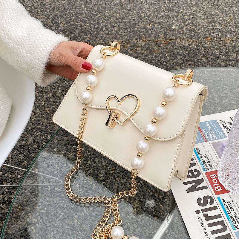 ハートパールチェーン 真珠 スクウェア メッセンジャーバッグ 手作りハンドバック26322560420
