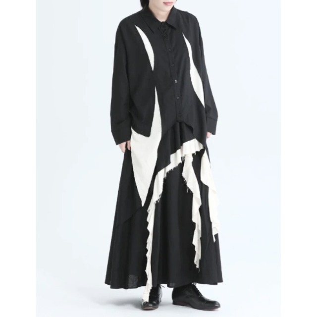 Asymmetric contrast fringe shirt C1301