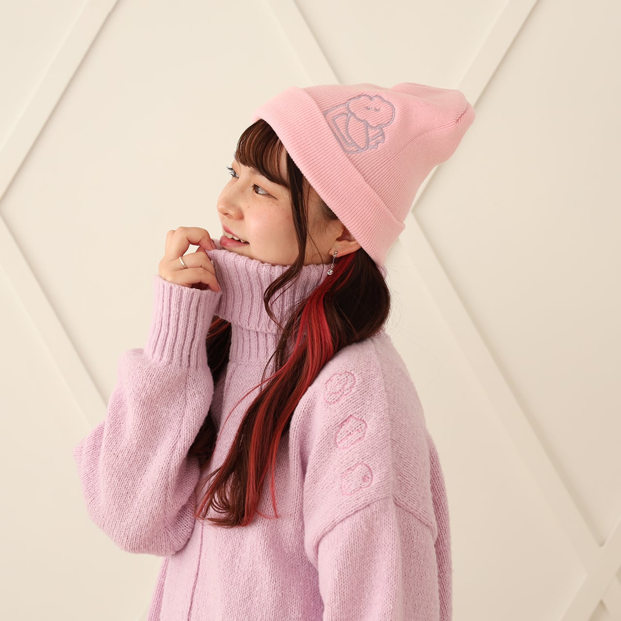 美品45R カシミヤビッグワッフルのニット帽 ピンク フリーサイズ ユニセックス Jackman ジャックマン JM6605 Waffle Knit Cap ワッフルニットキャップ