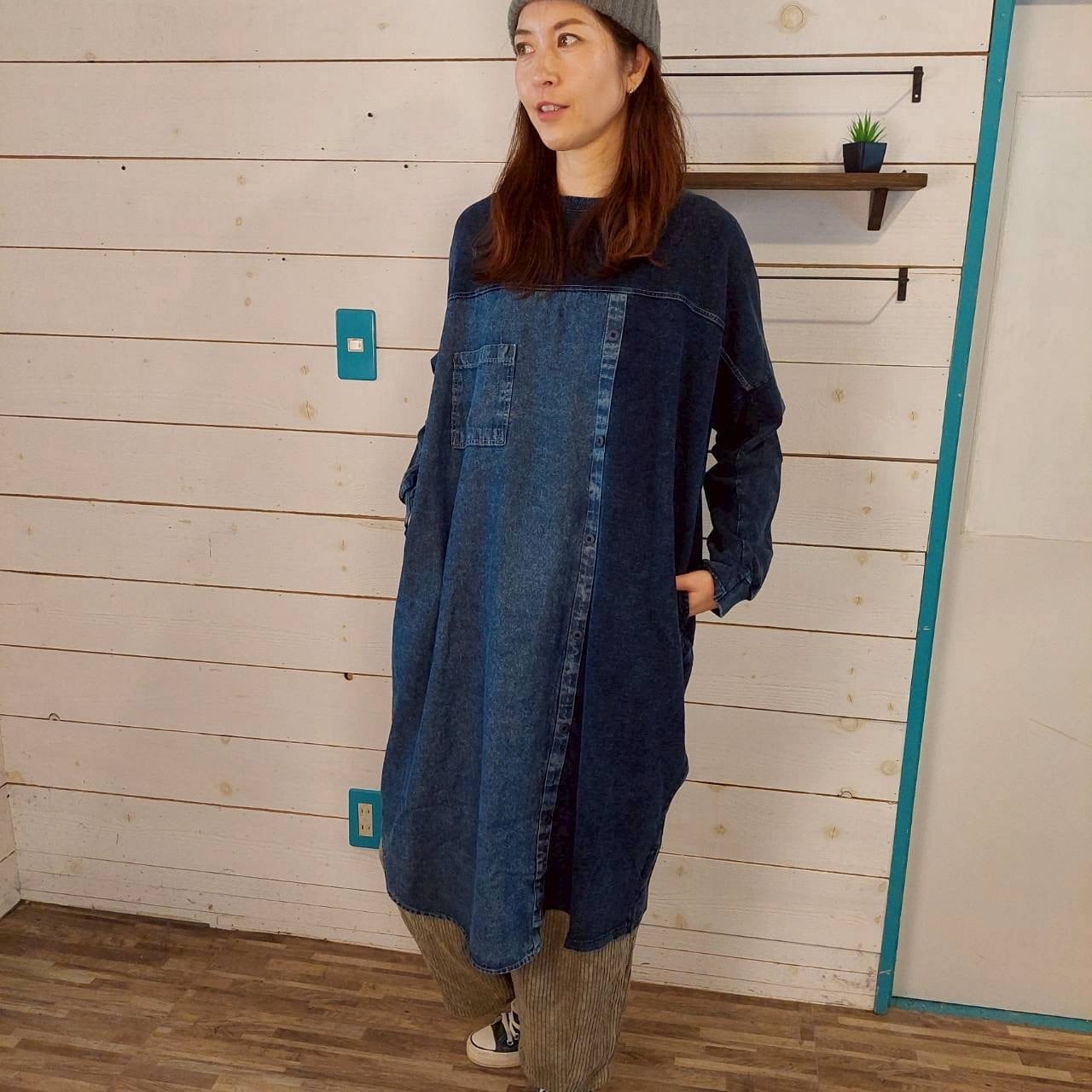 裏毛×ケミカルデニム  シャツ風ワンピース　D1936