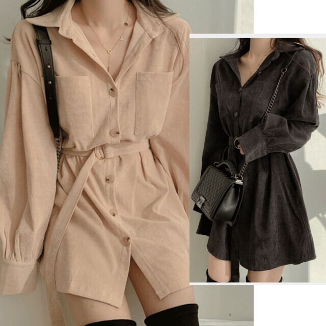 ミニワンピ ワンピース レディース コーデュロイ シャツワンピ ウエストマーク おしゃれ ボタン カジュアル 羽織り アプリコット/グリーン/ブラック S/M/L/XL/2XL