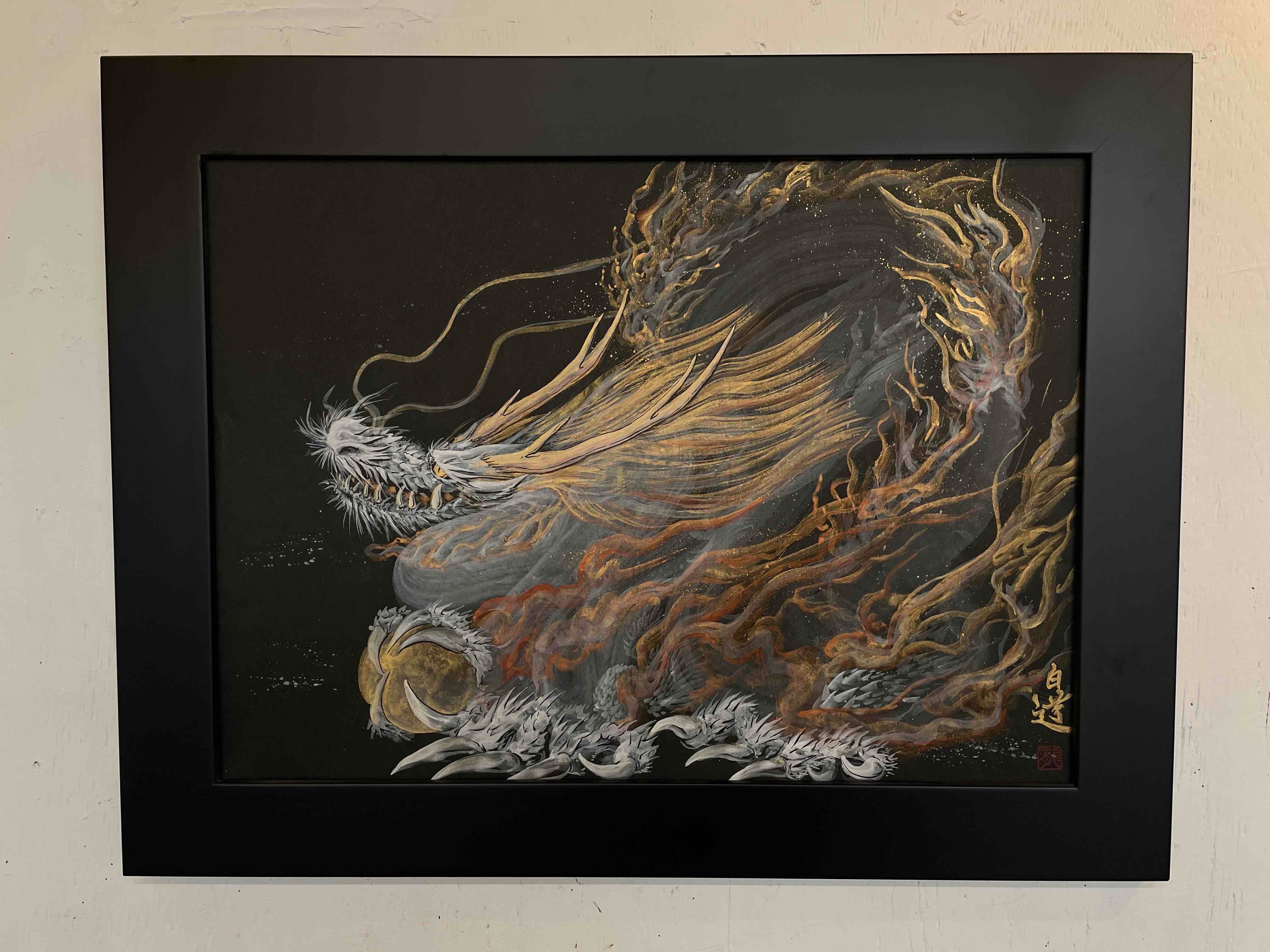 現代水墨画家 絵師白道 「一筆金福龍」（岩絵の具） 直筆作品 証明書