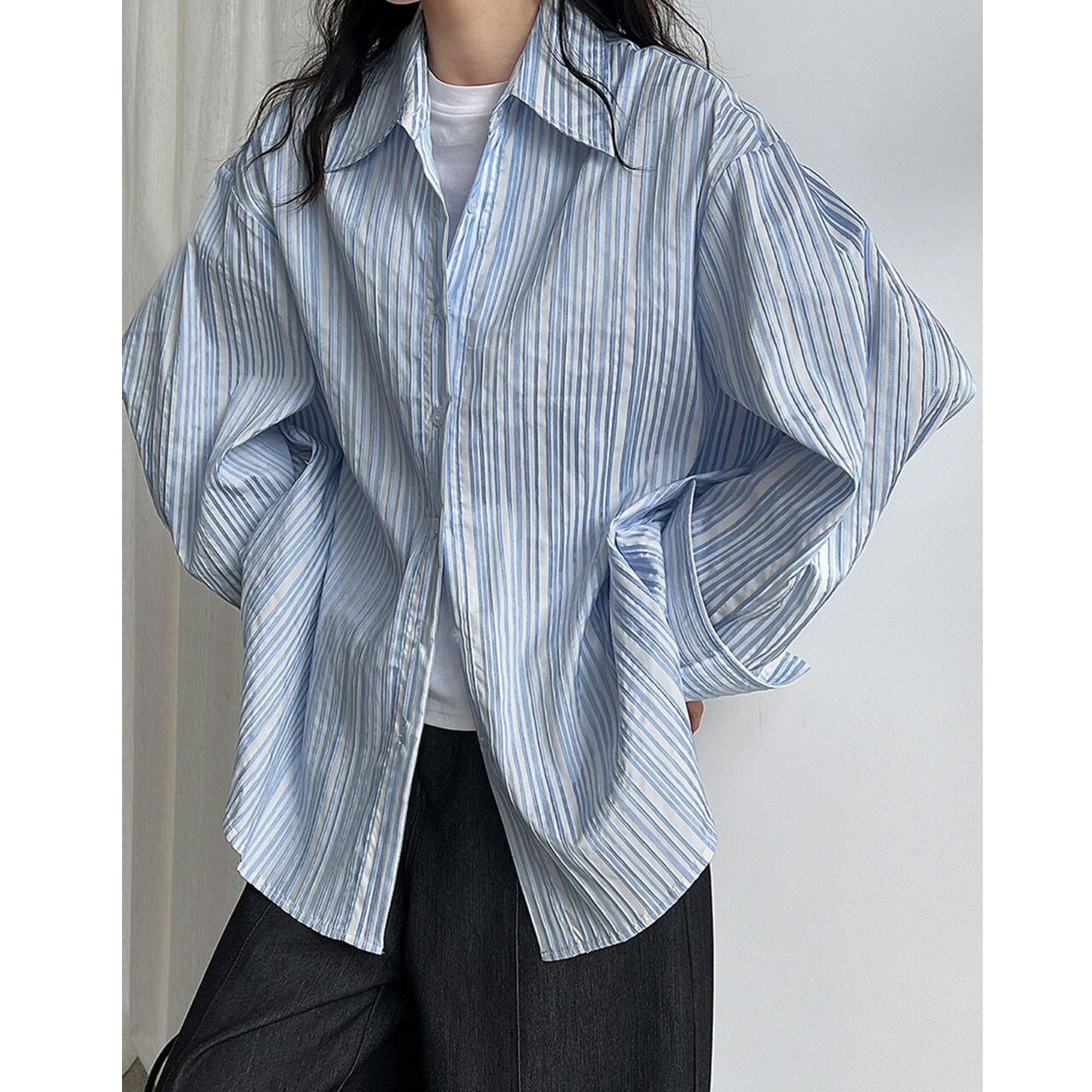プリーツストライプオーバーサイズシャツ a0526