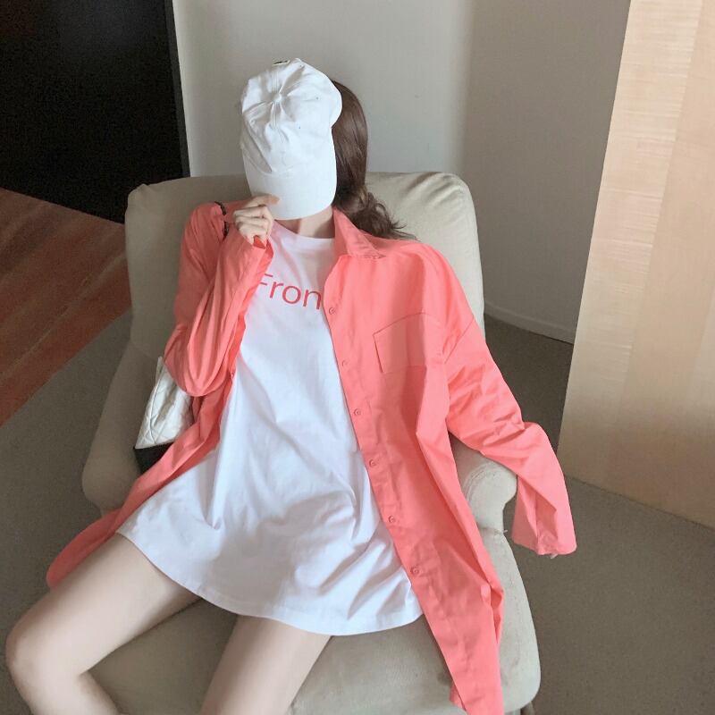 ルーズブラウス シャツ ジャケット スプリングスタイルスタンダード ロング ピンク レトロ 春物 ブラックストロベリース68573365674