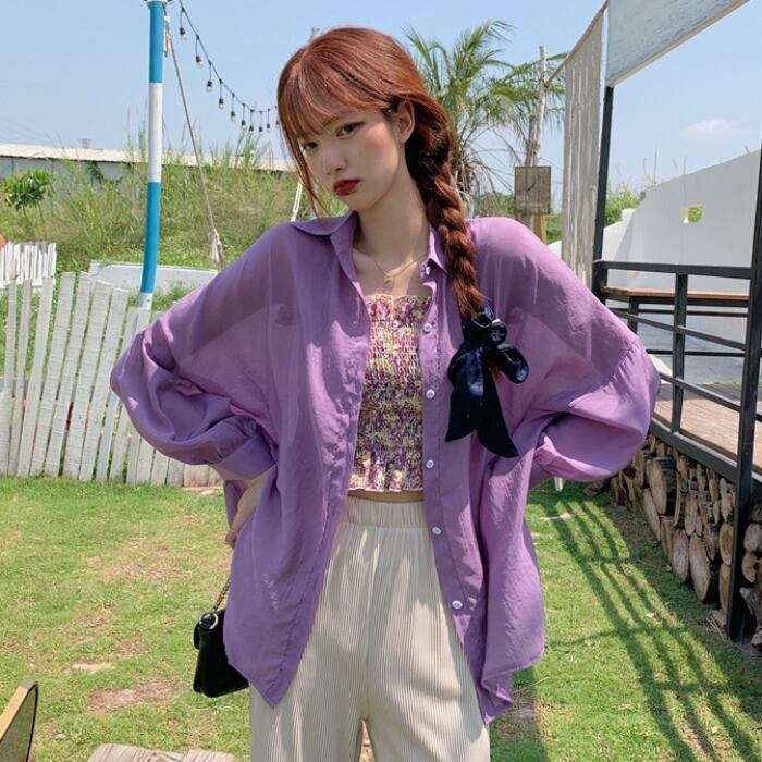シャツデザインセンスニッチサマーニュー2020マイクロトランスペアレントパープルシャツルーズ長袖日焼け止めトップ 1号婦人25598089757