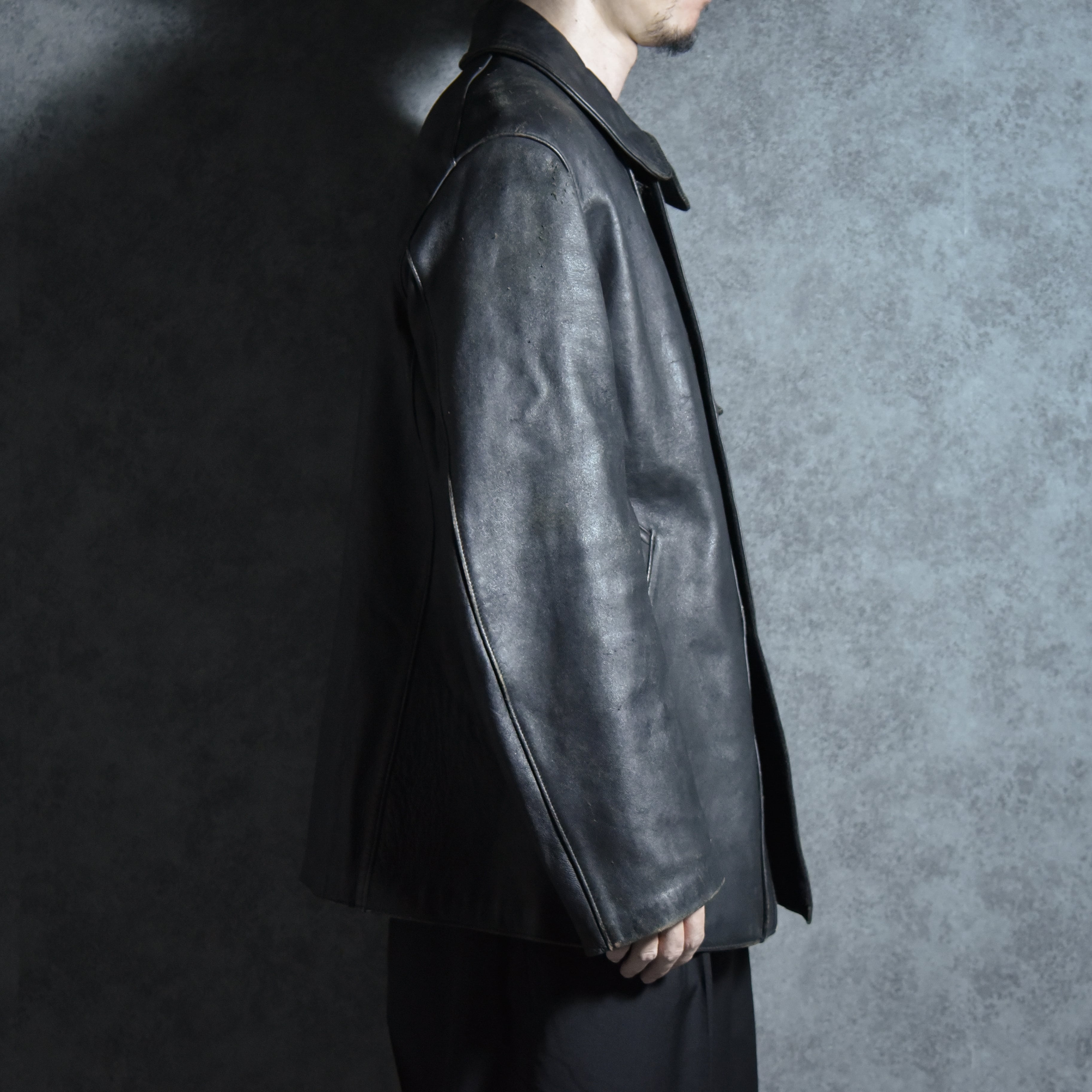 60-70s Le Corbusier Leather Double Breasted Jacket Black ル