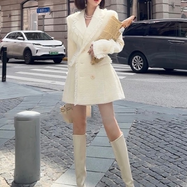 【S~XL,1color】ツイードコート ホワイト a008