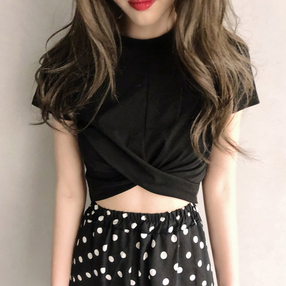 へそ出し Tシャツ レディース 韓国 トップス きれいめ 大人 かわいい セクシー カジュアル おしゃれ 肌見せ フロントクロス 大人可愛い 大人女子