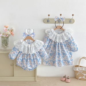 【姉妹服】フリル襟ブルー花ロンパース/ワンピース