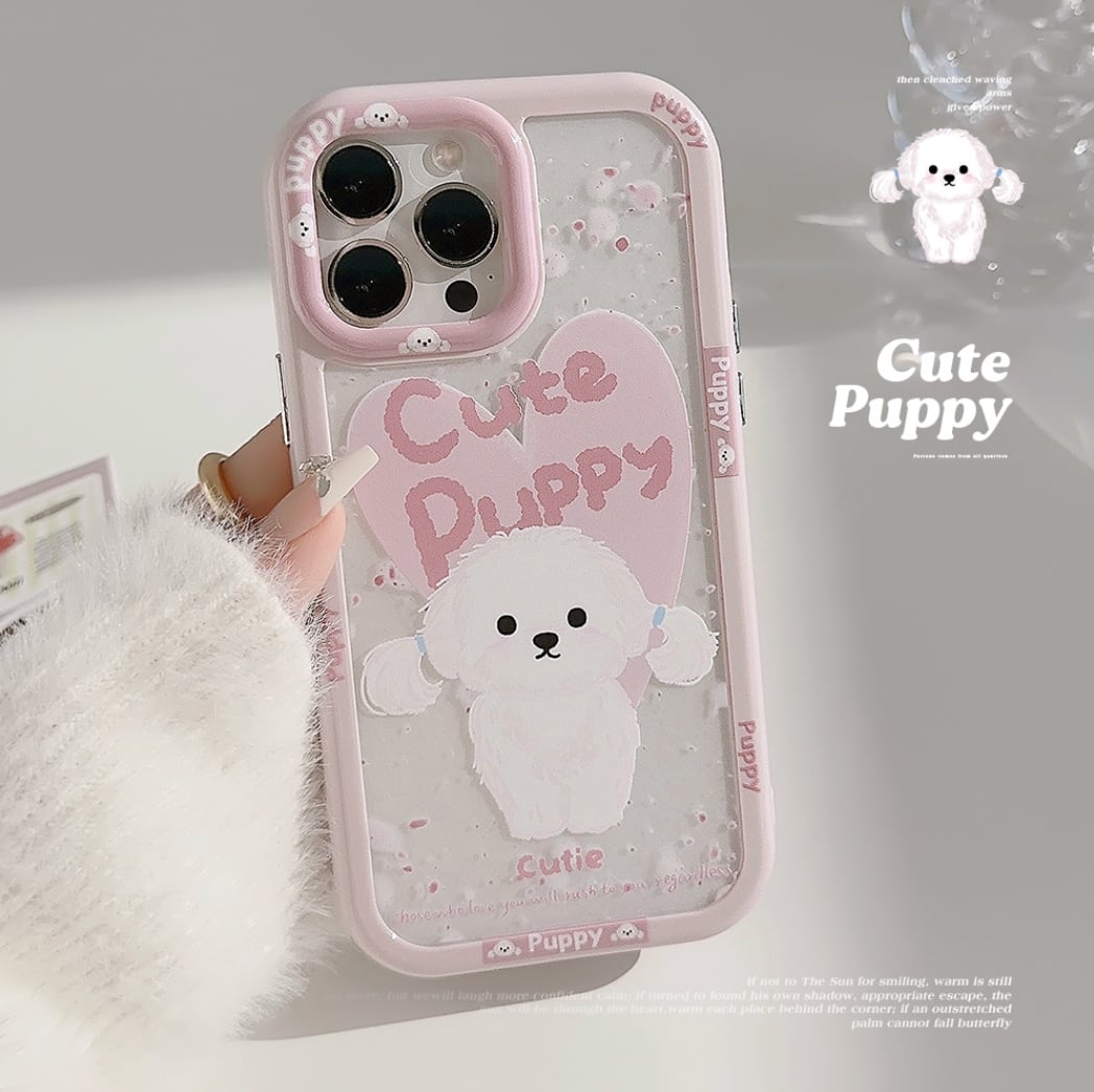 【iPhone15対応】かわいすぎるパピー◎ピンク ワンちゃん クリアケース カメラ保護フレーム キュート 犬柄 スマホケース ND-15034