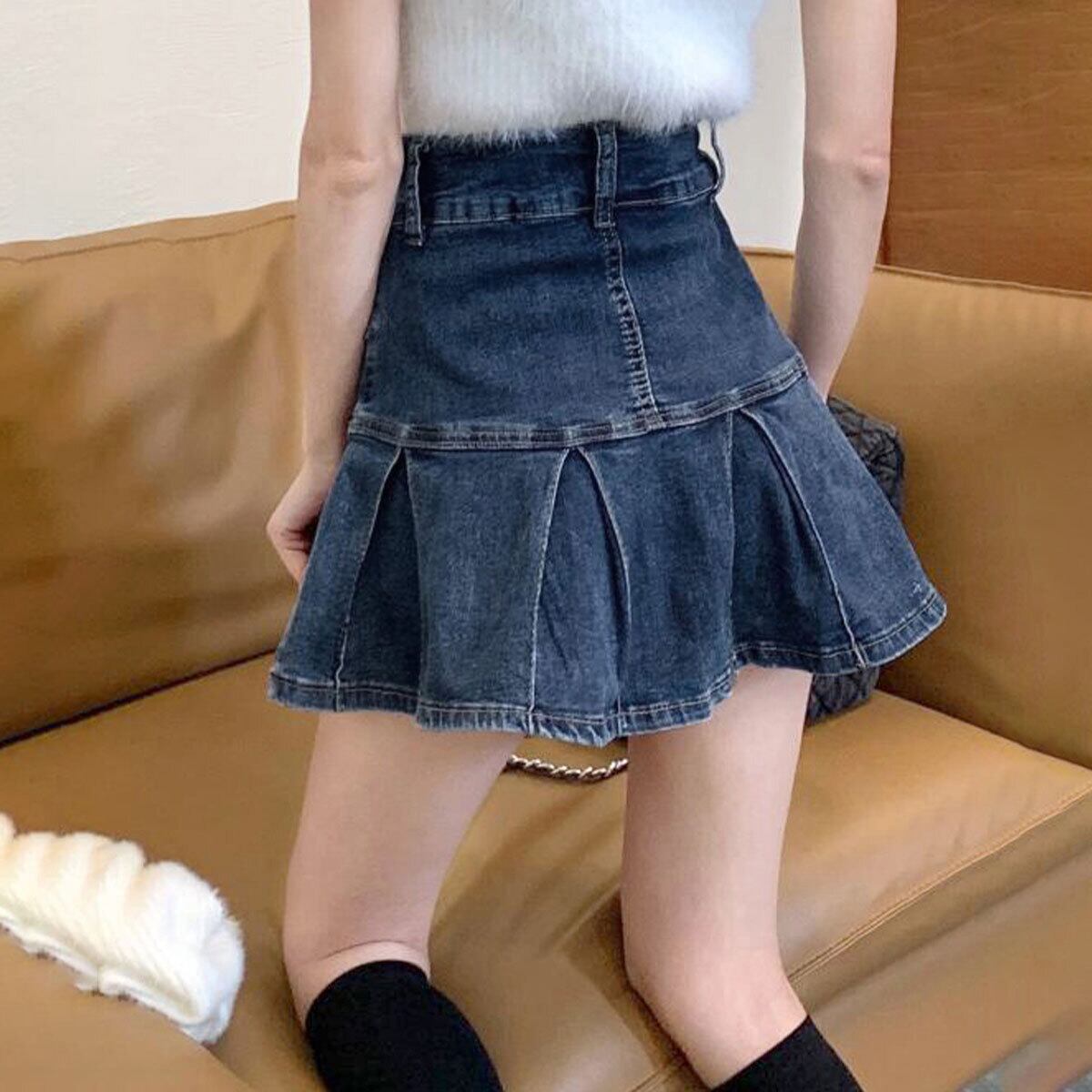デニム スカート プリーツ ミニスカート レディース 韓国 インナーパンツ付き 大人 カジュアル かわいい おしゃれ ハイウエスト Aライン レトロ デニムスカート 大人可愛い 大人女子