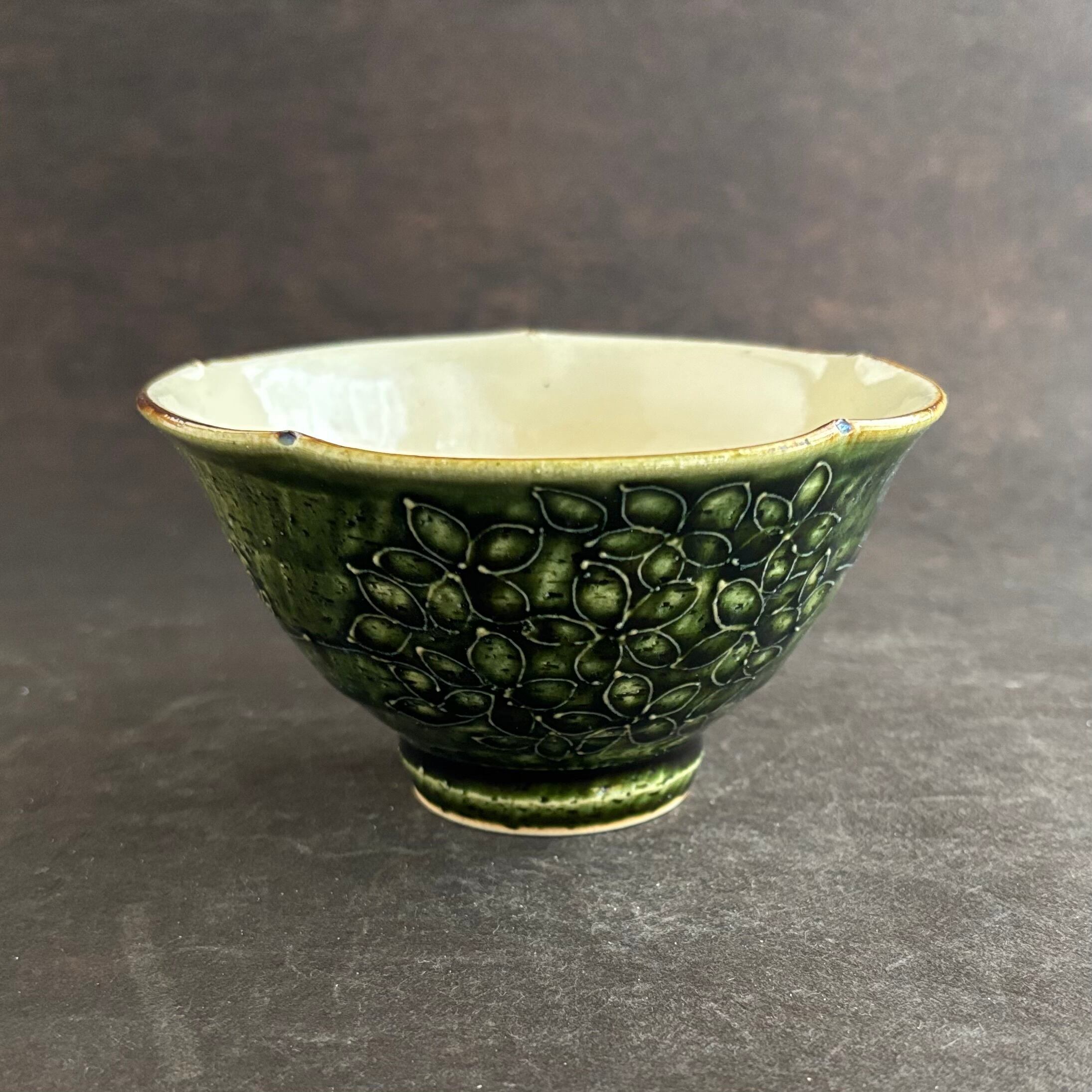 土和のルリエフ 織部お花形ご飯茶碗