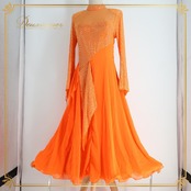社交ダンス 衣装 prima boutique プリマブティック ドレス ワンピース オレンジ系 ホログラム レース 透け感 上品 明るい 鮮やか ダンス衣装 イベント ステージ パーティー レディース キラキラ 輝き 練習 レッスン
