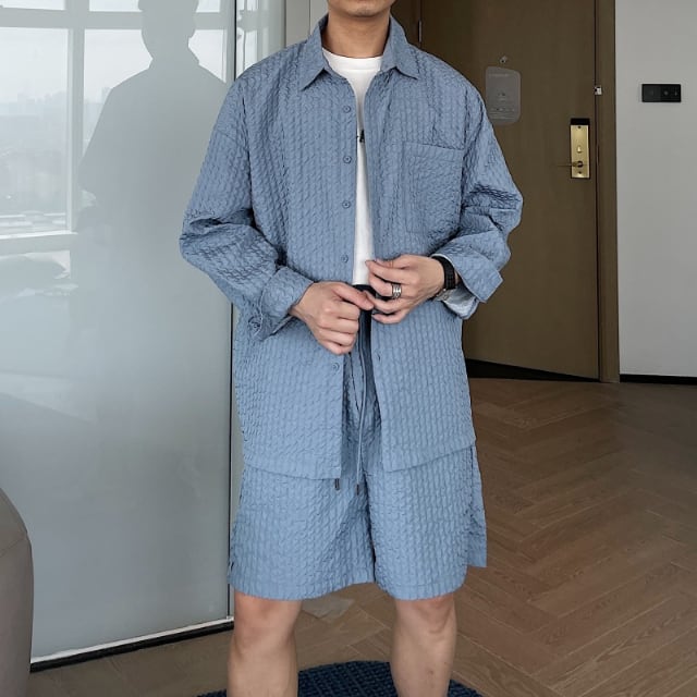 予約販売】メンズ セットアップ 上下 ハーフパンツ 長袖シャツ 無地