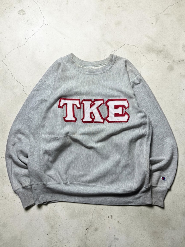 80s Champion Reverse Weave Warmup TKE Greek Letter Applique Made in USA Heather Gray Crewneck Sweatshirt