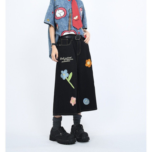 フラワーパッチクロップドデニムパンツ 2col   R02404