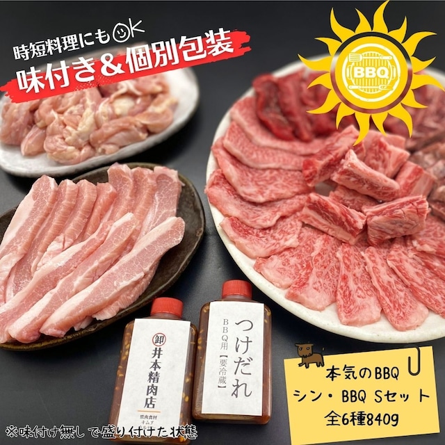 \ 並タン市連動商品3/29～ /★並タンを+299円でOP追加可能★【シン・味付きBBQ／Sセット】＜全6種840g＞「個別包装」肉屋特製BBQセット（A5黒毛和牛カブリ、A5黒毛和牛＆国産牛切り落とし、国産牛ロース、牛ハラミ、豚トロ、せせり）特製タレ付き　※袋真空パックでお届けします