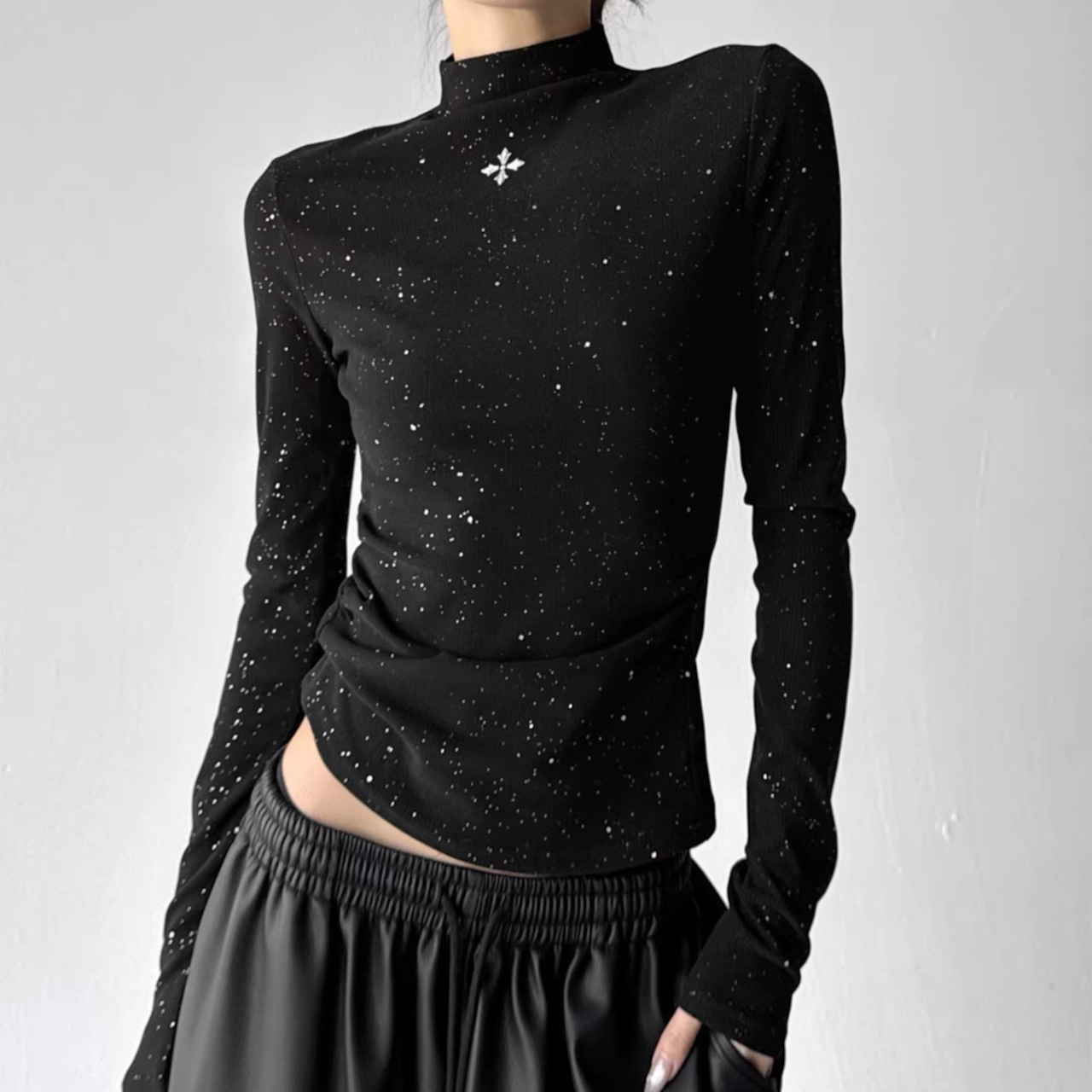 Winter Long Sleeve T-Shirt, Sparkly Mock Neck Slim Fit Top (ME295)