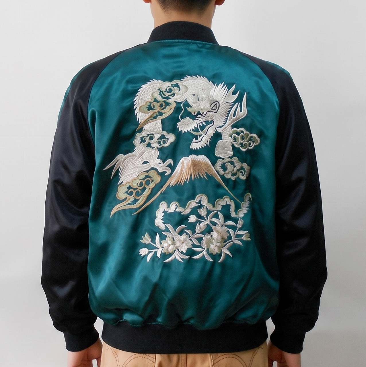 星姫 スカジャン 日本製 花龍 富士山 桜 サテン グリーン L LL