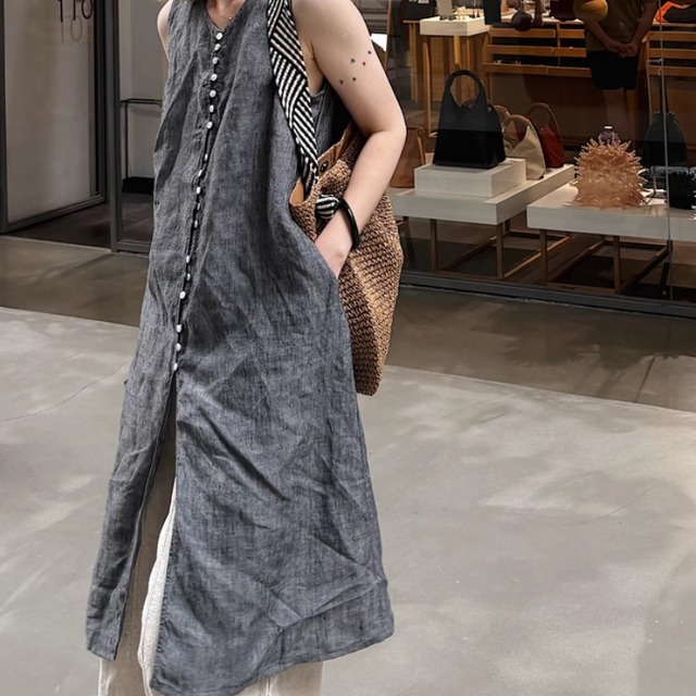 Vネック ロング シャツワンピース ノースリーブ  3color 00081