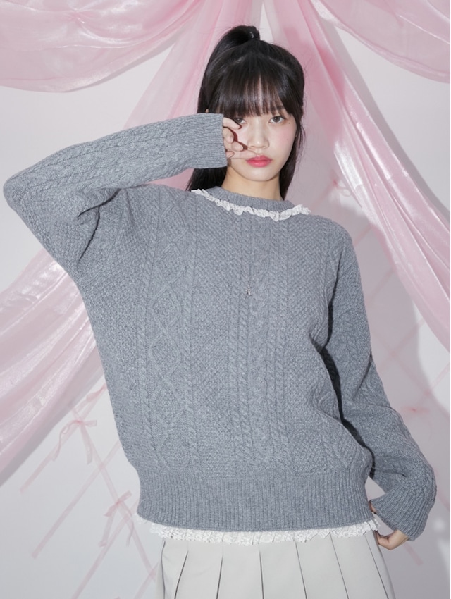 [MARGARIN FINGERS] LACE CABLE-KNIT (GREY) 正規品  韓国 ブランド 韓国ファッション 韓国代行 マーガリンフィンガーズ 日本 店舗