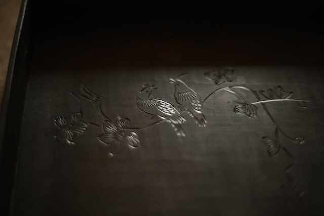 ヴィンテージ錫茶盤L「仲良し二鳥」・浙江慈渓製　