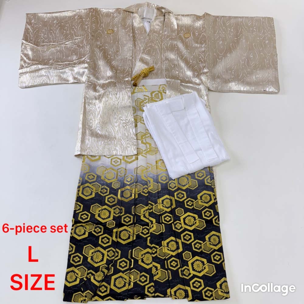 紋付袴 6点セット 着物 羽織 袴 長襦袢 羽織紐 角帯 裄71cm 袴丈89cm L シルバー 五つ紋 中古 4502