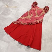 フラダンス 衣装 ワンピース ドレス レッド系 マーメイドライン フラ ダンス マイレ柄 フリル 花柄 赤 黄 華やか ハワイアン MermaidLine MMJ エムエムジェイ 日本製 かわいい アロハ 落ち着いた色 ハワイアンプリント イエロー系