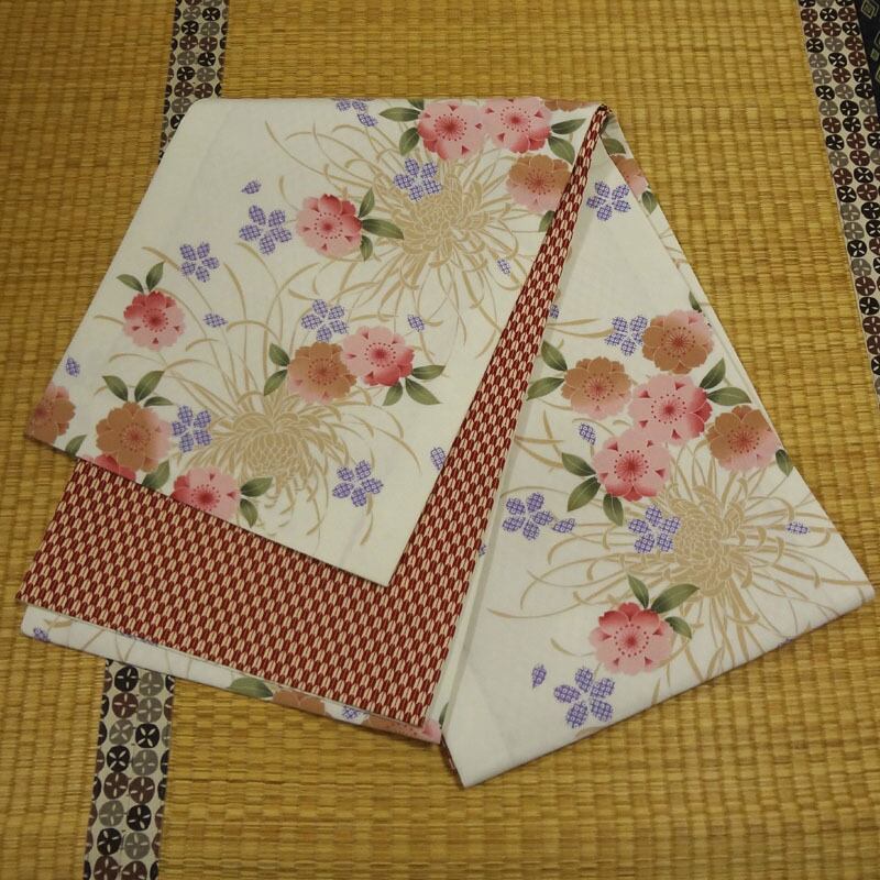 夏帯　生成り色に淡いピンクの花　開き名古屋帯 夏帯 生成り色に淡いピンクの花 開き名古屋帯 | アンティーク