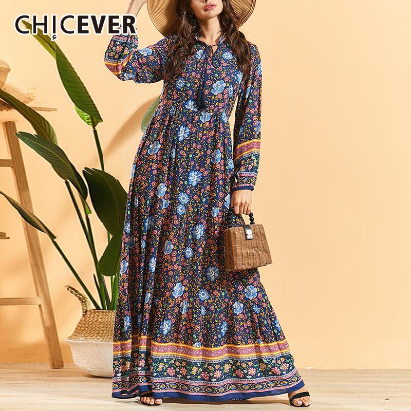 CHICEVERボヘミアンプリントレディースドレスOネック長袖ウエストチュニックシャーリングマキシドレス2020服 ロング 6base571645434312