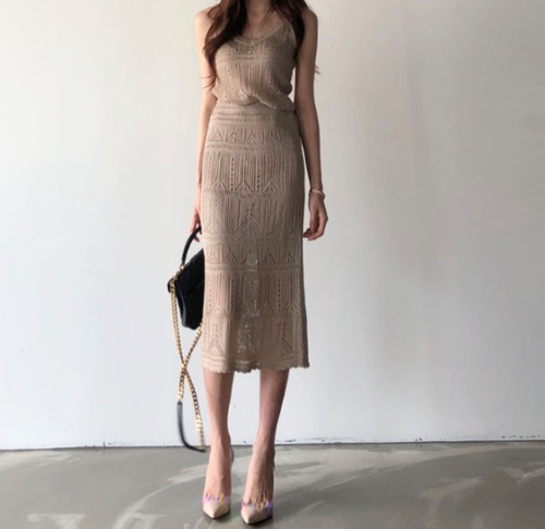 ワンピース レディース セットアップ トップス キャミソール スカート きれいめ 夏 春 透かし編み Iライン すっきり 着痩せ タイト ニットワンピース 涼しげ Ⅴネック タイトスカート