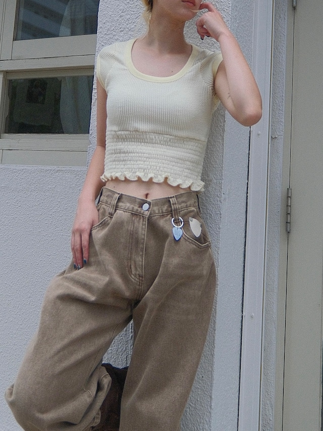 Shirred Rib Knit Cropped Top / YELLOW