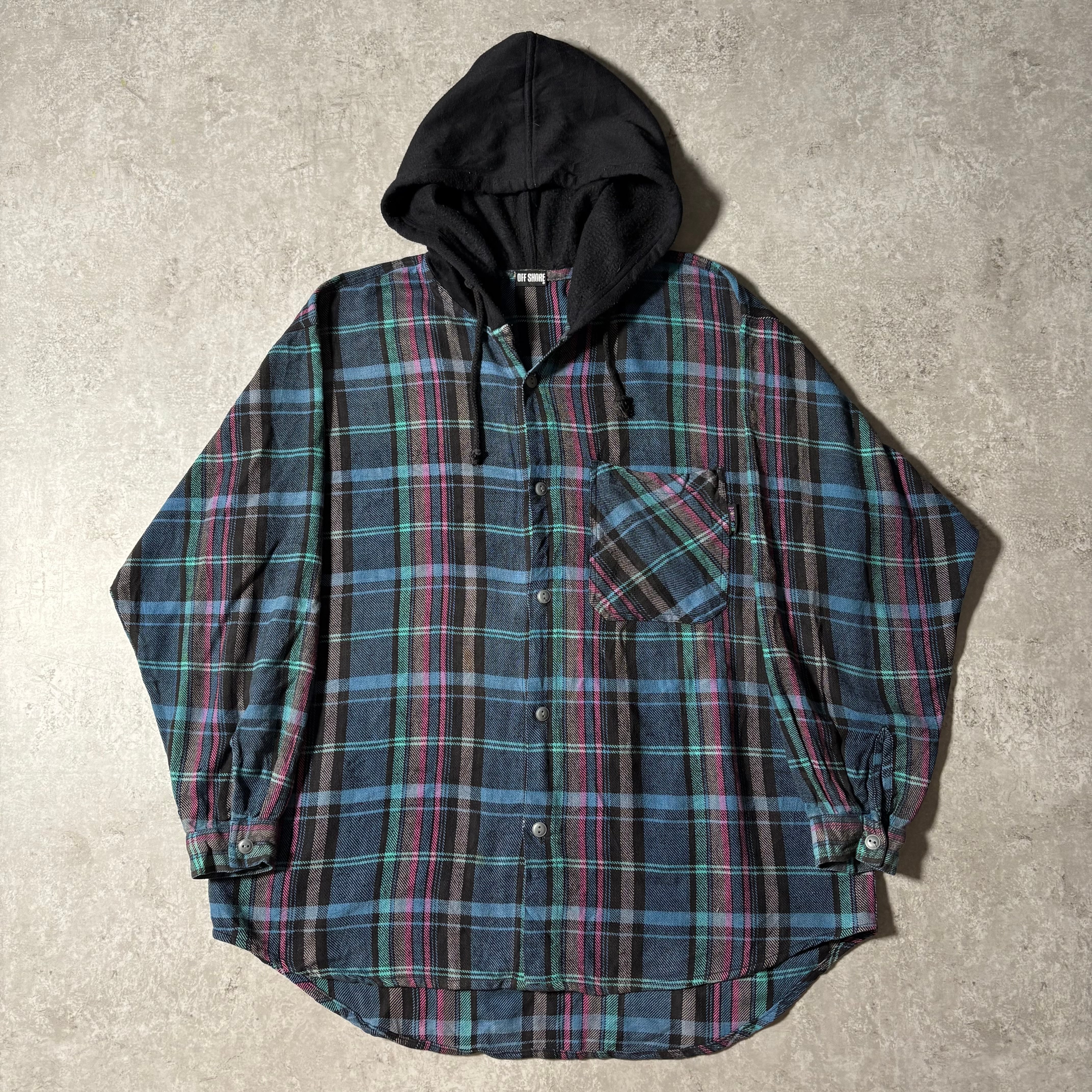 1990s “OFF SHORE” Hooded Flannel Shirt