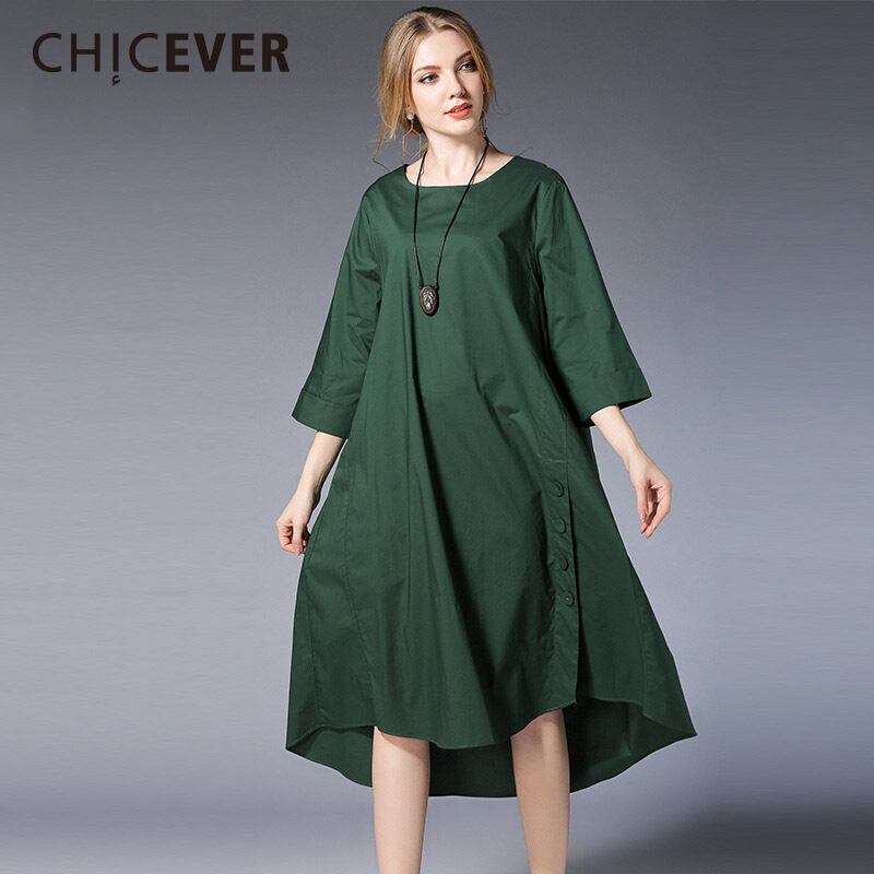 CHICEVERブラックスプリングプラスサイズのドレス女性スリークォータースリーブ2020ルーズサイドスプリット女性のドレス服 大きめサイズ 春物 6base542021020188