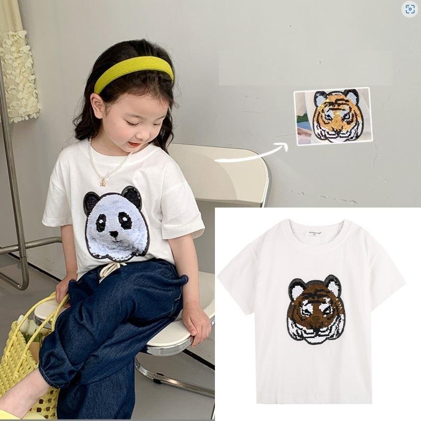 Tシャツ スパンコール トップス キッズ 韓国子供服 パンダ タイガー