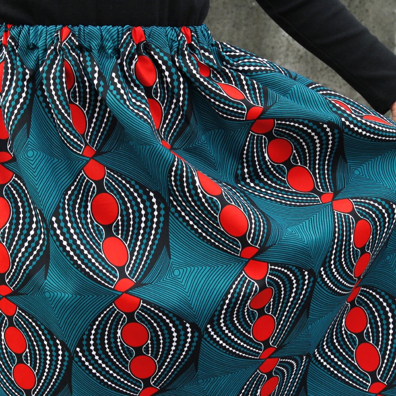 アフリカ布のギャザースカート（ピーコックブルー）アフリカンプリント
