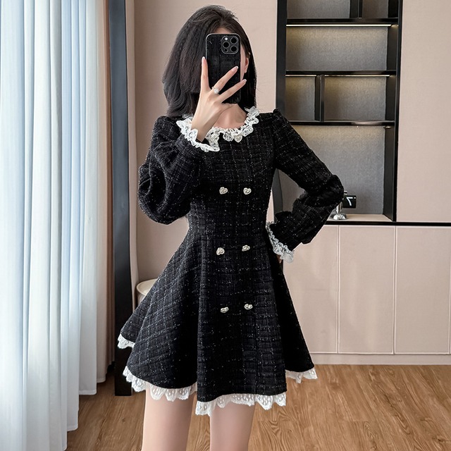 【dress】レースドッキングツイードワンピース Q6673