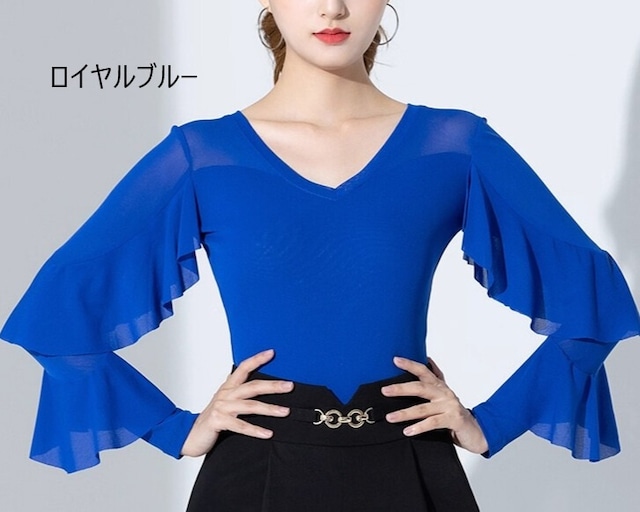 フレアスリーブ Vネック フリル ダンストップス (レオタードタイプ選択可) ds1106