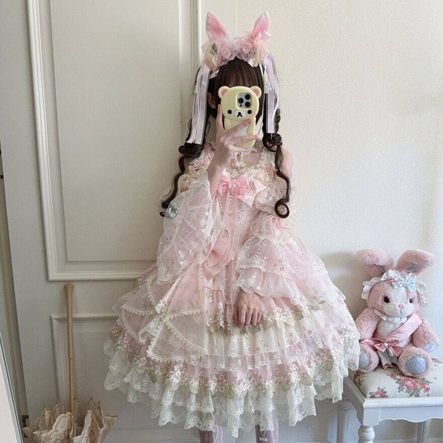 甘ロリJSK チョーカー 姫袖付き ピンク 多層フリルレース姫系ロリータ