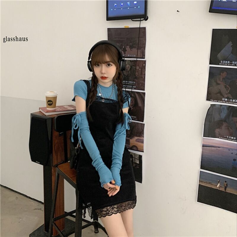 ステッチ長袖Tシャツレディース秋のスタイルショートタイトフィットオールマッチブラウスブルースリムインナーベースシャツインタイド ブラックストロベリース51009421943