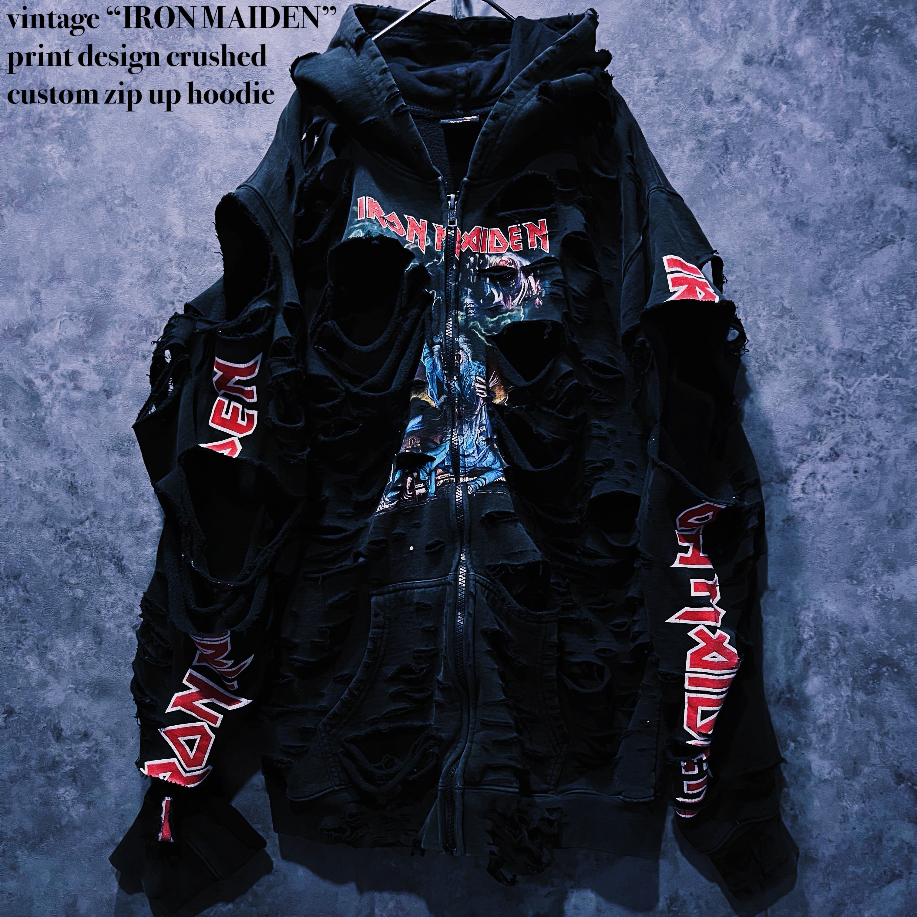 【doppio】vintage “IRON MAIDEN” print design crushed custom zip up hoodie