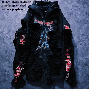 【doppio】vintage “IRON MAIDEN” print design crushed custom zip up hoodie