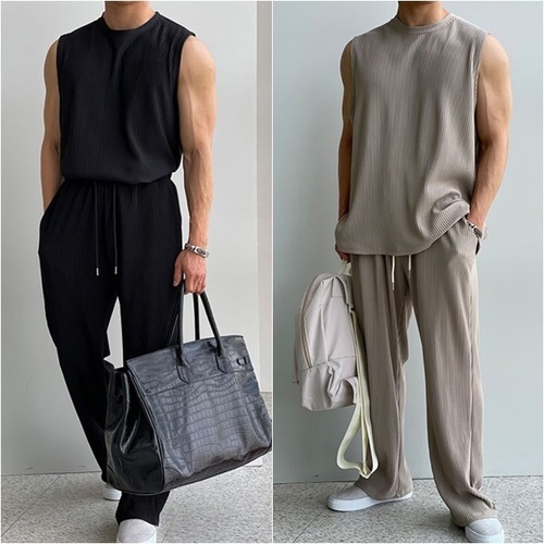 【予約販売】メンズ セットアップ 上下 ノースリーブ タンクトップ パンツ リブ  無地 ドレープ ブラック ベージュ きれいめ カジュアル  春夏 韓国 トレンド こなれ感 M/L/XL