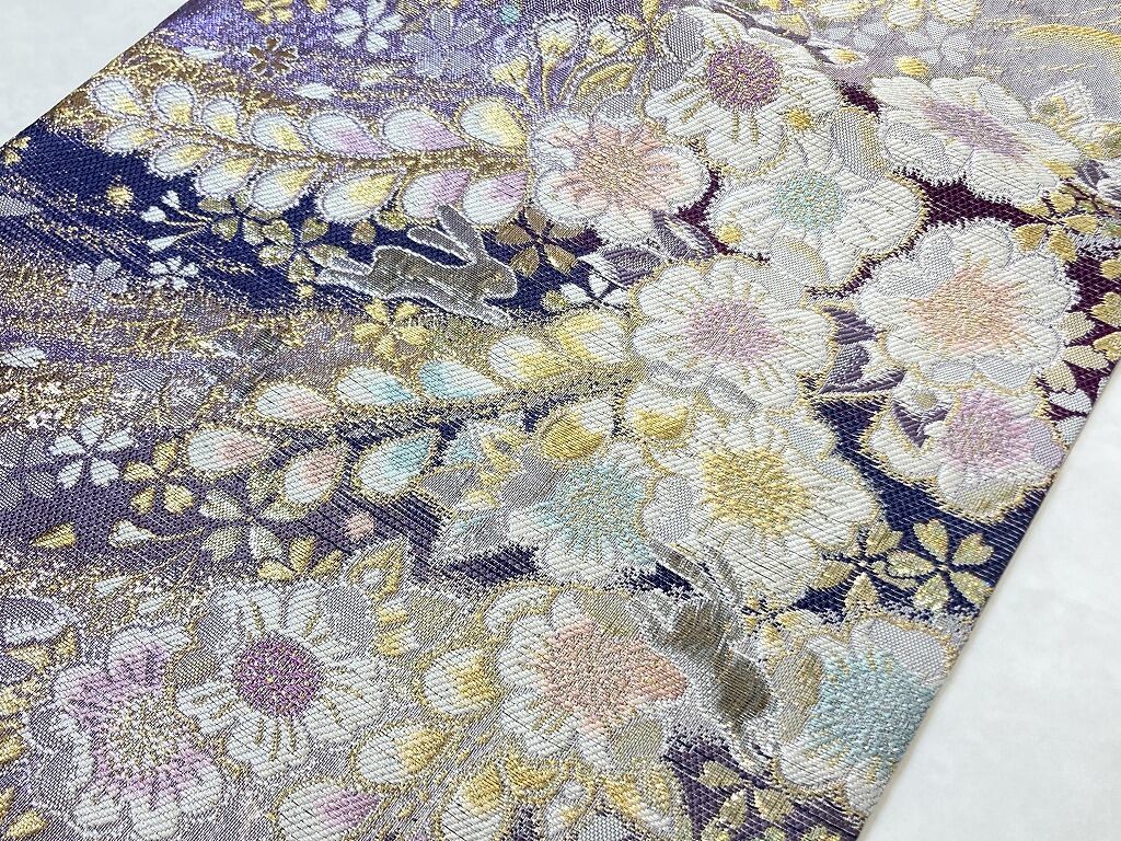 未使用 辻が花 やまと誂製 うさぎ 唐織り 金糸 袋帯 紫 パステル 502