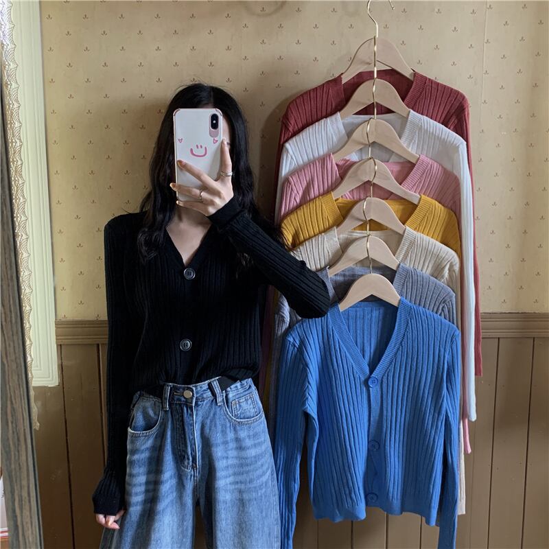 ワイルドVネックストライプニットカーディガンレディース秋の新作ブラックショート長袖セーターコートジャケットのバージョン ブラックストロベリース59411358303