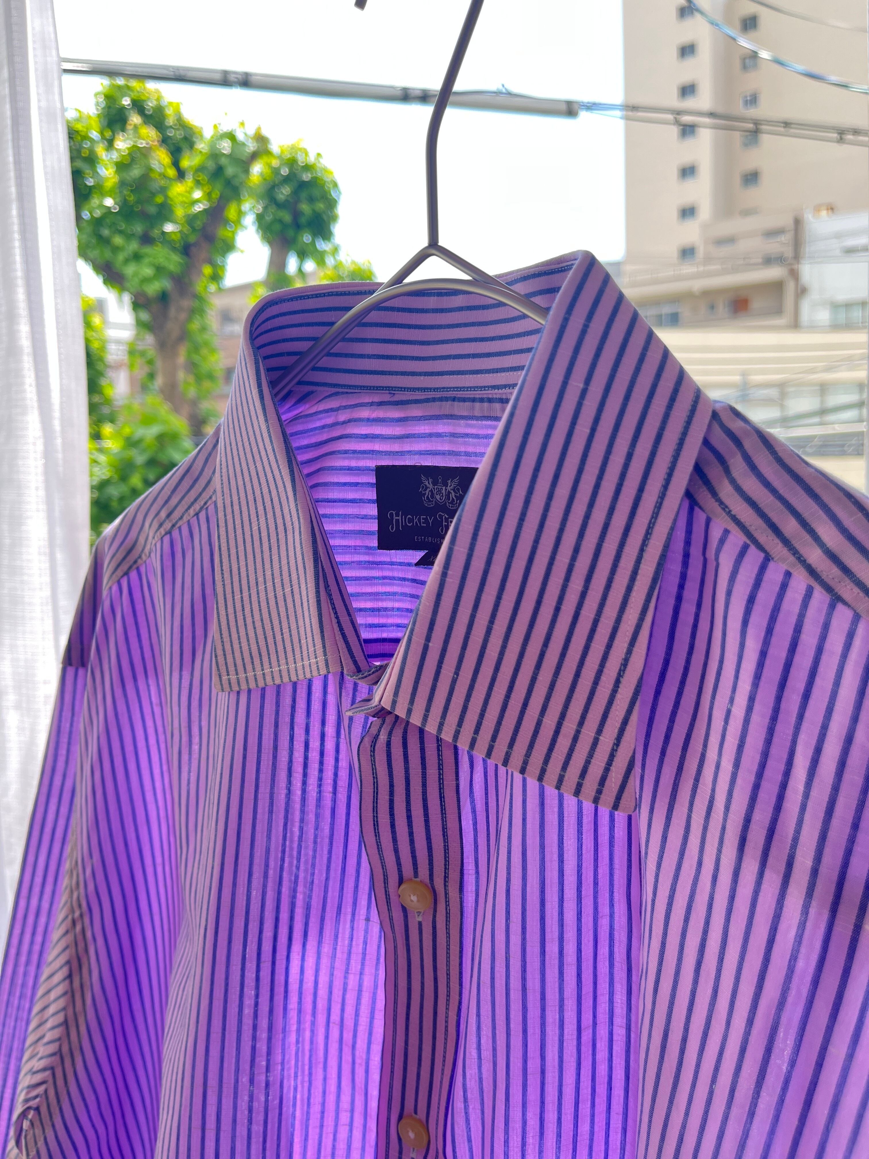 ヒッキーフリーマン / Hickey Freeman コットン リネン ストライプ 長袖 シャツ オーバーサイズ パープル×ブルー | XXLサイズ | 古着 アメリカ製 1990年代
