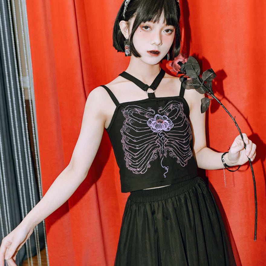 チャイナ風服 チャイナ風服 古怪舎 キャミソール スカル フラワー