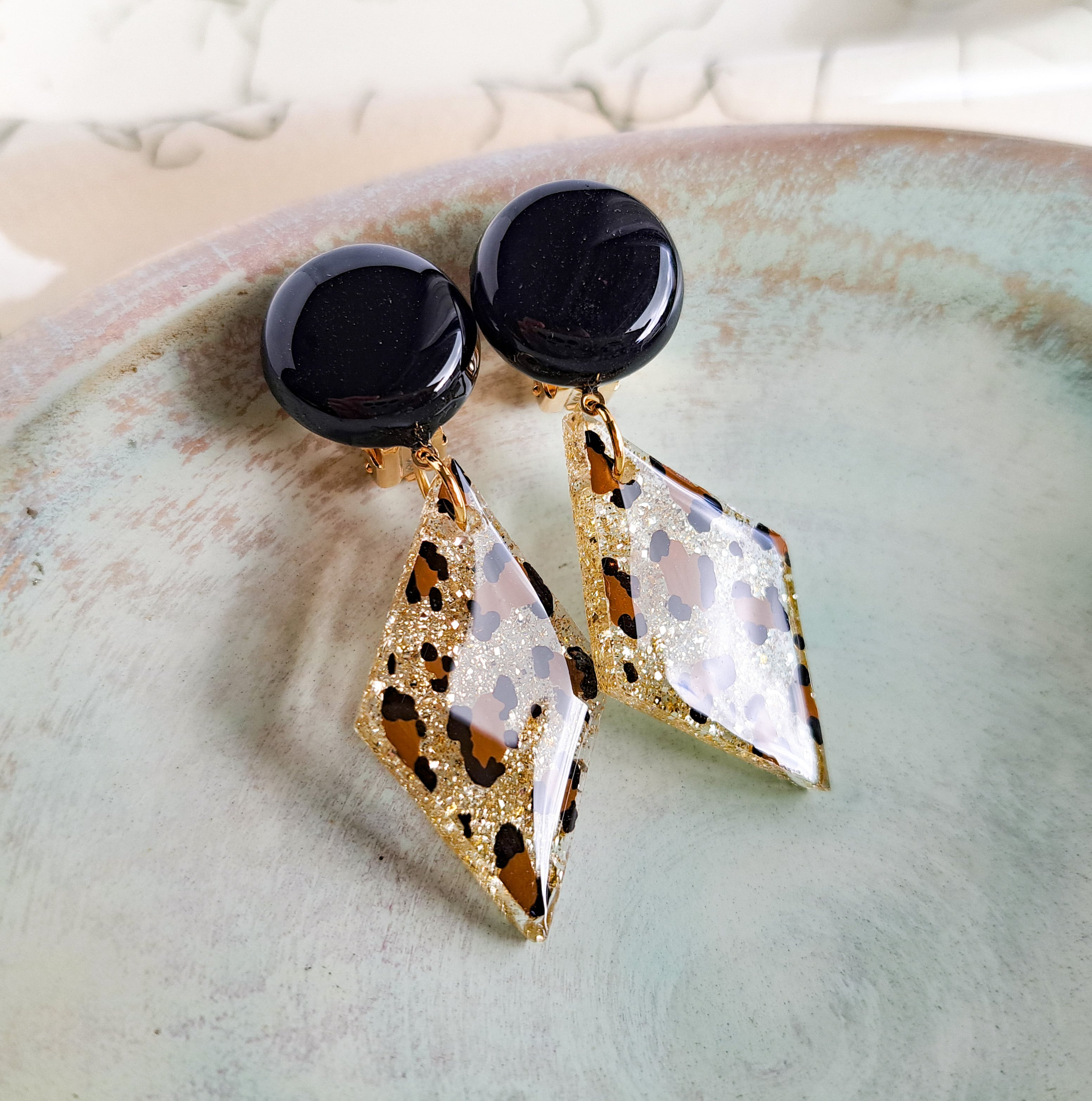 レオパードダイヤピアス・イヤリング【ブラック】ヒョウ柄ピアス 豹柄