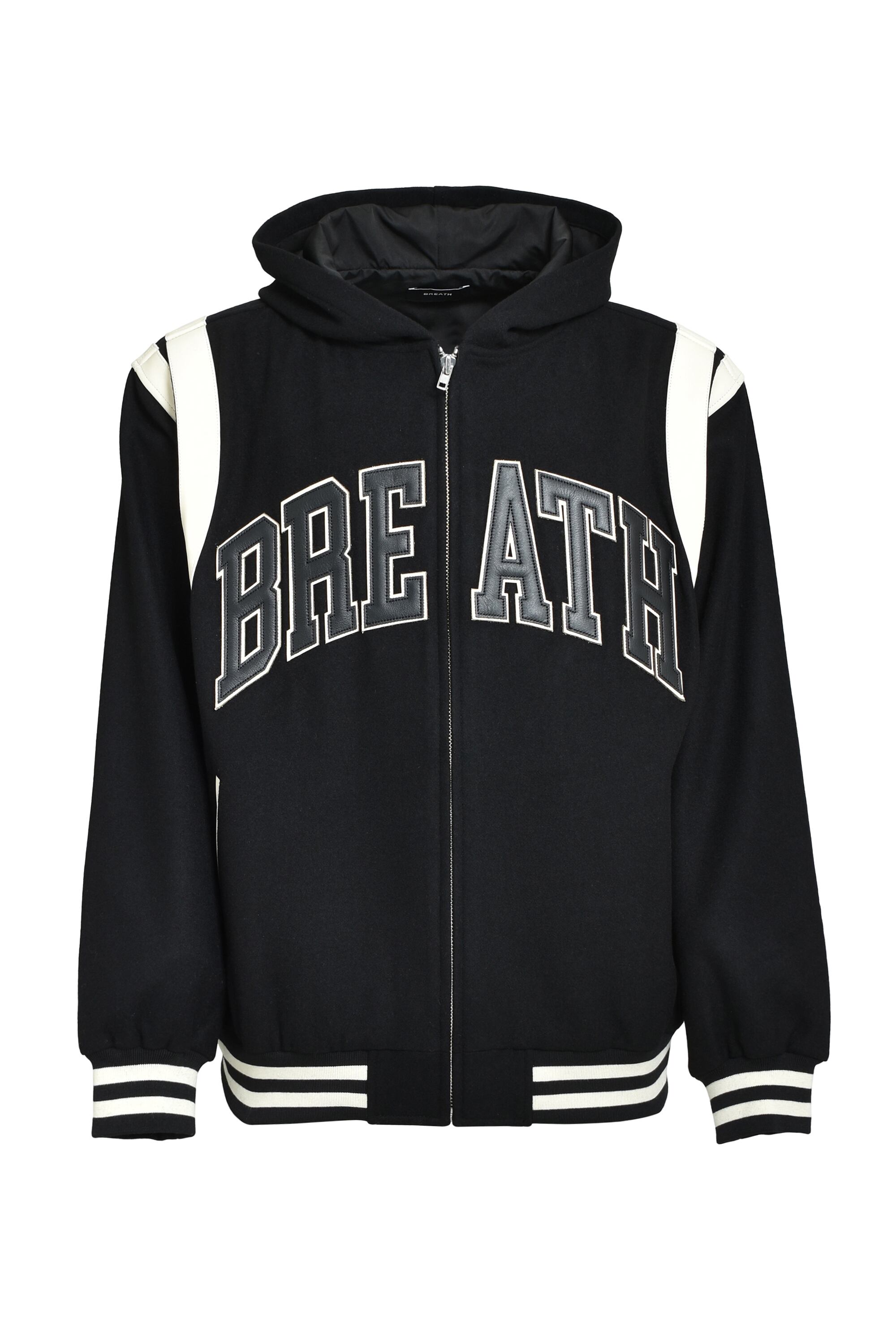 ジャケット・アウター BREATH ARCH LOGO HOODED VERSITY JACKET BREATH -Arch Logo Hooded Varsity Jacket- Black / Black | Highflyer