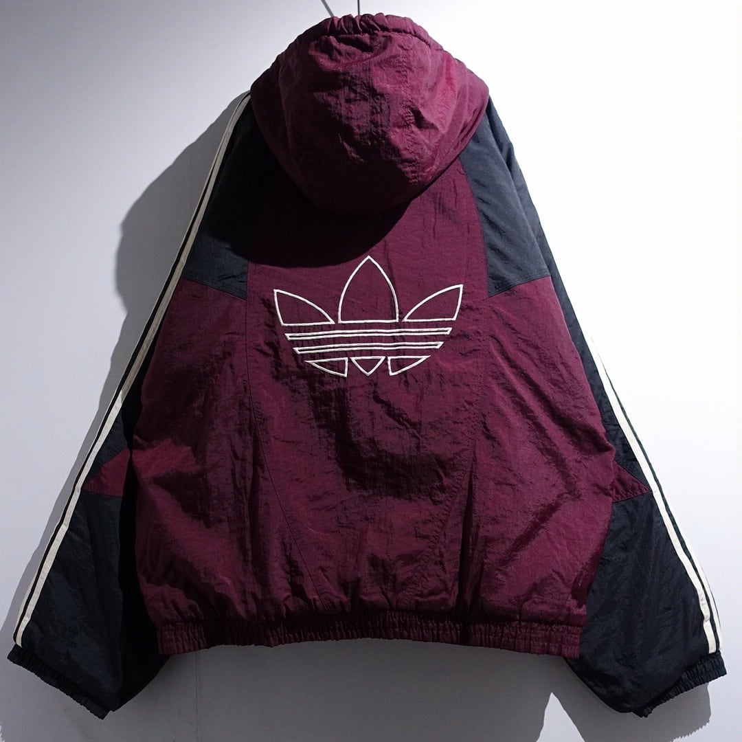 90s "adidas" Black Logo Embroidery Design Padded Nylon Hooded Jacket